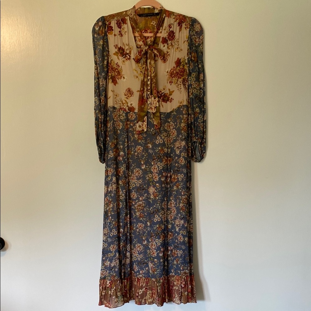 Zara Brown and Blue Long Sleeve Sundress with Pleated Tie Front